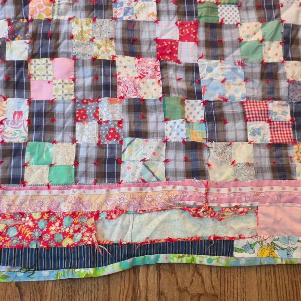Vintage Handmade‎ Patchwork Quilt Plaid Floral 1960s Farmhouse Americana 70x86